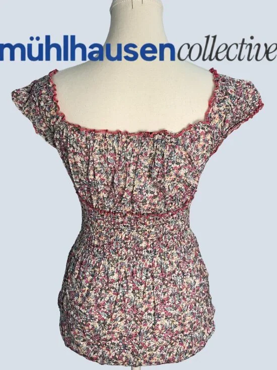 Blue Crush Floral Smocked Babydoll Top Size Small Cottagecore - Picture 4 of 4